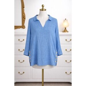 Tahari Popover Top Blue 100% Linen Collar V Neck Button Trim Lagenlook Size 1X